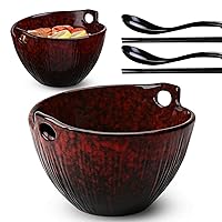 Ramen Bowl with Chopsticks and Spoons, Ceramic Set of 2, Dishwasher Safe for Pho Udon Soba Noodle Salad Pasta, Special Reactive Glazed Crimson Bowls Set