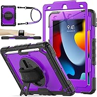 SEYMAC stock Case for iPad 9th/8th/7th Generation, 3-Layer Protection Case with [360 Degrees Rotating Stand] Hand Strap &[Pencil Holder] for iPad 9/8/7 Gen 10.2 Inch 2021/2020/2019 (Purple+Black)