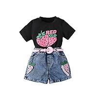 Floerns Girl's 2 Piece Outfit Graphic Print T Shirts Elastic Waist Denim Shorts Set