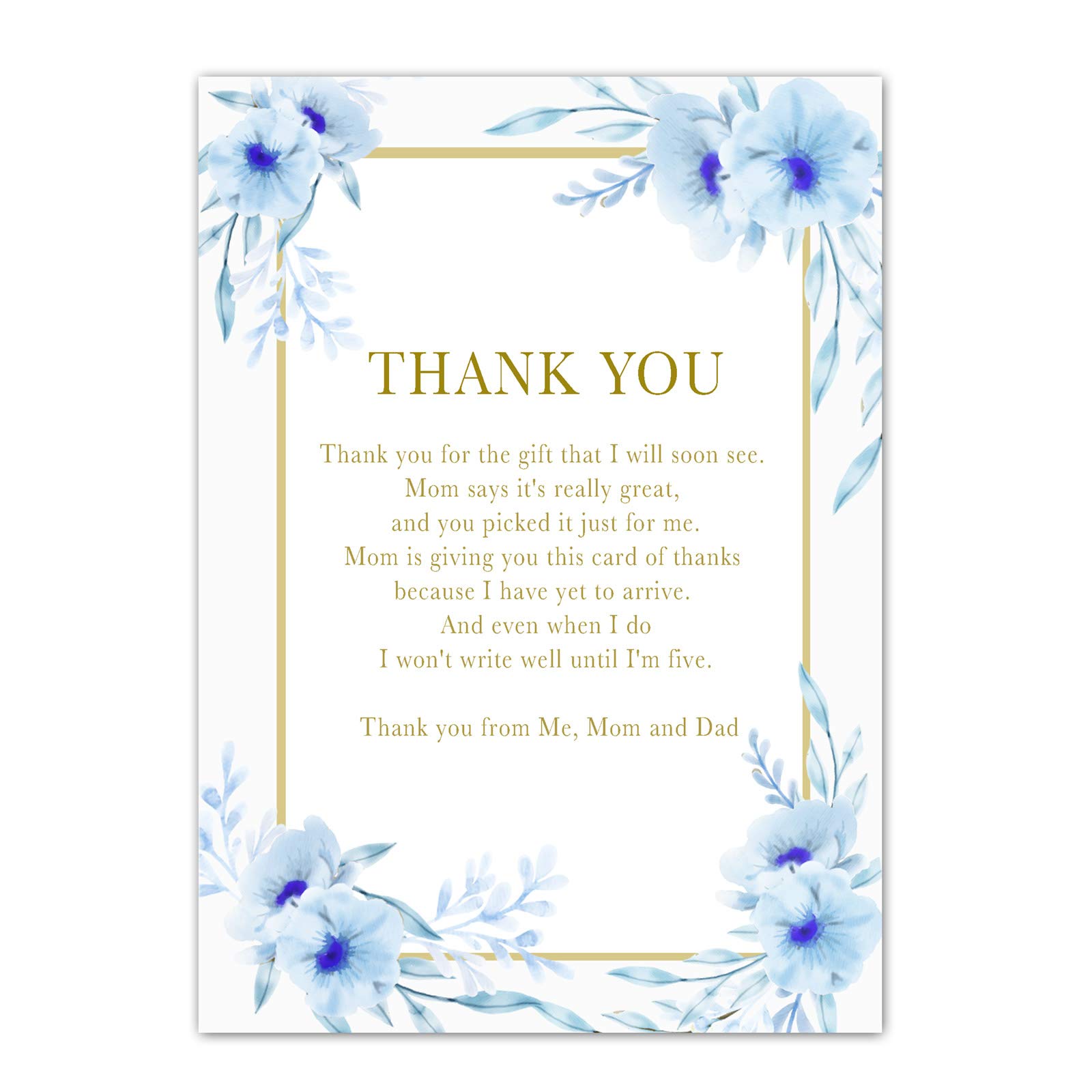 30 Thank You Cards Floral Blue Gold Baby Shower Personalized Photo Paper