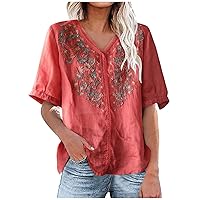 Women's Floral Embroidery Loose Shirts Summer Lace Trim V Neck Short Sleeve Tops Babydoll Back Lightweight Blouses