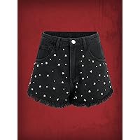 Jean Shorts Womens Star Studded Raw Hem Denim Shorts (Color : Black, Size : Medium)