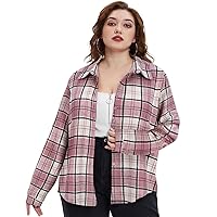 RITERA Women Plus Size Tops Casual Long Sleeve Button Up Plaid Tunic Work Blouse Color Block Loose Casual Baggy Tee Shirts Fashion Black Pink 4XL 26W