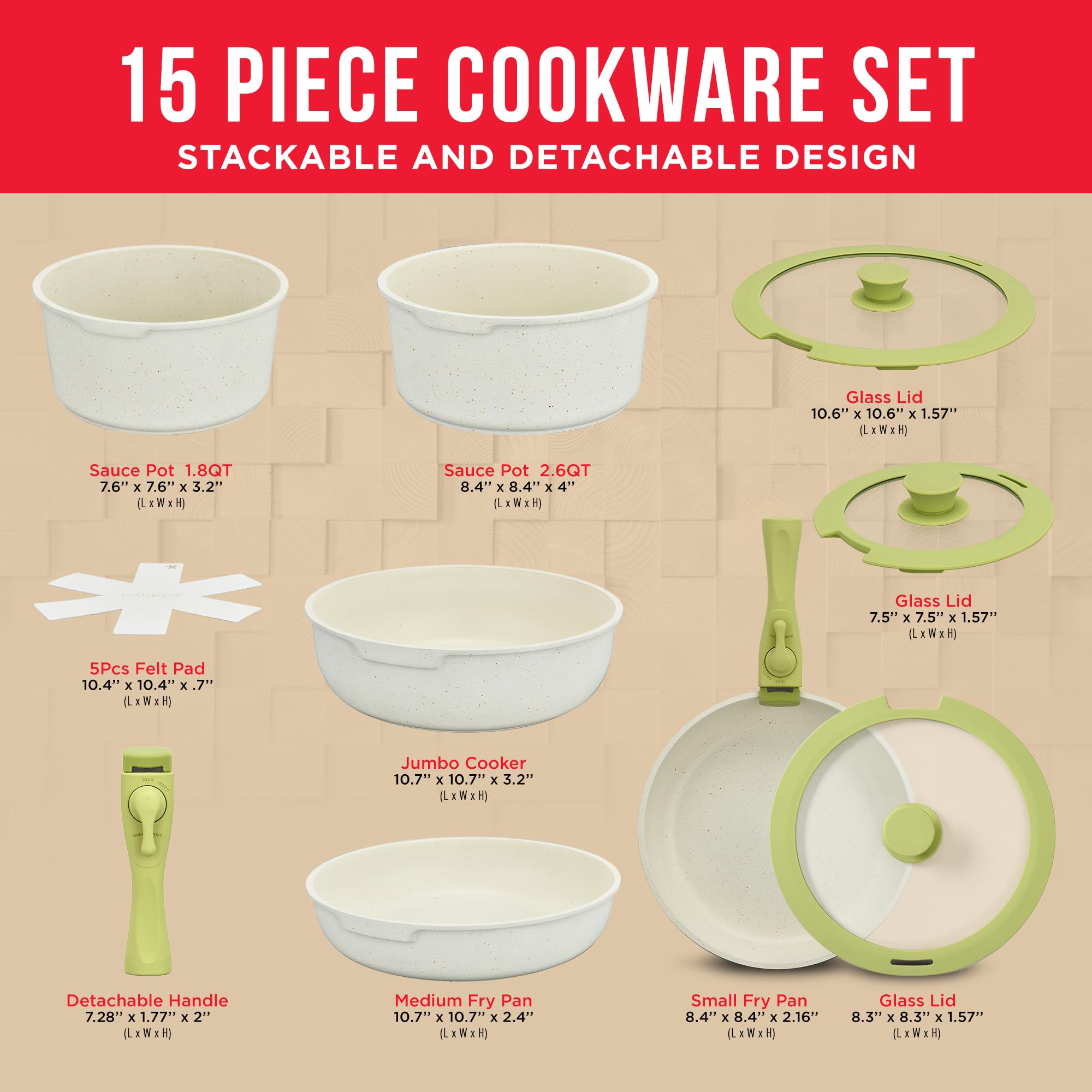 Bakken-Swiss Detachable 15-Piece Cookware Set – Granite Non-Stick – Eco-Friendly – stackable Removable Handles – for All Stoves & Oven-Safe - Green/cream color