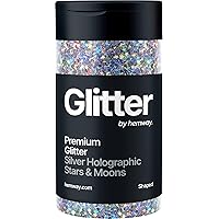 Hemway Silver Holographic Stars & Moons Glitter Shaped 78g/2.8oz Powder Metallic Resin Craft Flake Shaker for Epoxy Tumblers, Hair Face Body Eye Nail Art Festival, DIY Party Decoration Paint
