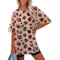 Dokotoo Womens Summer Tunic Tops Casual Short Sleeve Round Neck Oversized Leopard Printed Shirts Blouses