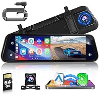 Wireless Carplay Mirror Dash Cam Wireless Android Auto, 9.66 Inch IPS Touchscreen Front Rear View Mirror Camera Carplay for Cars Trucks with 64G Card/Voice Control