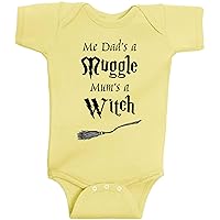 Me Dad's A Mug Mum's A Witch Funny Baby Cute Wizard Bodysuit