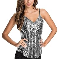 Summer Womens Sparkly Sexy Sequin Cami Tops Adjustable Spaghetti Strap V Neck Sleeveless Shirts for Glitter Party