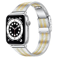 Moran Compatible with Apple Watch Band 38mm 40mm 41mm 42mm 44mm 45mm Stainless Steel Metal Wristband Adjustable Replacement Strap for iWatch Series 7 6 5 4 3 2 1 SE Men Women (45mm/44mm/42mm, Silver-Gold)