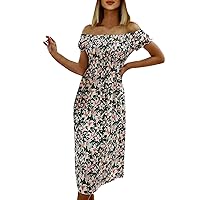 XJYIOEWT Dressy Romper for Women,Women Off Shoulder Cute Dress Print Mini Dress Summer Loose Sexy Dress Short Sleeve Ele