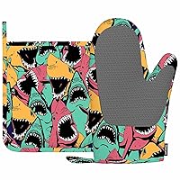 Shark Oven Mitts and Pot Holders Sets Sea Ocean Fish Angry Sharks Wide Mouth White Teeth Aqua Silicone Heat Resistant Kitchen Oven Gloves Pot Holder for Cooking