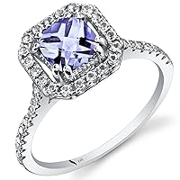 PEORA Tanzanite Ring for Women 14K White Gold with White Topaz, Genuine Gemstone, 1 Carat Cushion Cut 6mm, Halo Design, Sizes 5 to 9