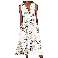 Summer Floral Print Dresses for Women Notch V Neck Button Sleeveless Tank Dress with Pockets Casual Flowy Midi Dresses
