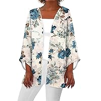 Spring Cardigans for Women 2024 Kimono Cardigans for Women 2024 Summer Floral Print Draped Open Front with Long Puff Sleeve Cruise Outfits White 5X-Large