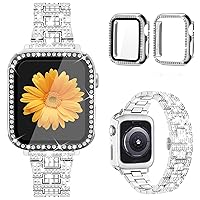 Mesime Compatible for Apple Watch Band with Screen Protector Case, Jewelry Replacement Band 45mm 44mm 42mm 41mm 40 mm 38mm 2 Pack Bling Protective Cover for iWatch Series 9/8/7/6/5/4/3/2/1/SE Women