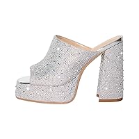 Women's Platform Rhinestone Chunky Heel Slip on Mule 4.7in Sandals