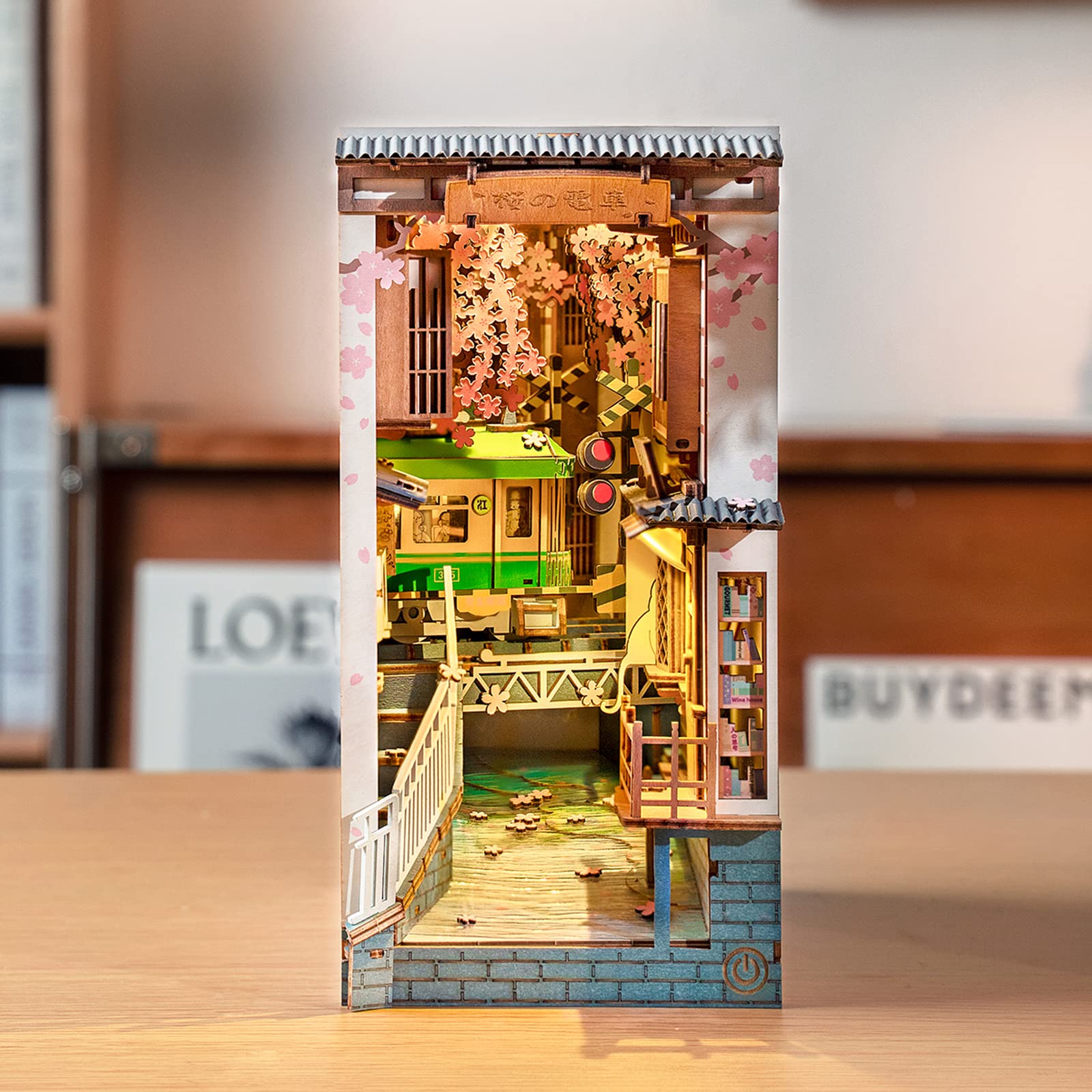 Rolife DIY Book Nook Kit 3D Wooden Puzzle, Bookshelf Insert Decor with LED DIY Bookend Diorama Miniature Kit Crafts Hobbies Gifts for Adults/Teens (Sakura Densya)