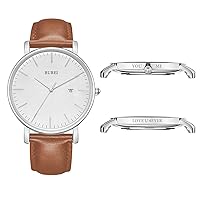 BUREI Men's Custom Personalized Watch Minimalist Ultra-Thin Wristwatch Analog Date with Leather Strap