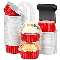 5oz Cupcake Pans Muffin Tins 100 Pack,LNYZQUS Aluminum Foil Mini Cake Baking Cups with Dome Lids,Disposable Ramekins Cupcake Liners,Small Cake Mini Pie Baking Pan for Christmas -Red