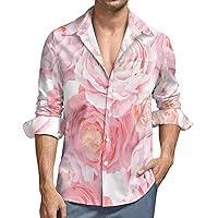 Elegance Color Pink Roses Mens Long Sleeve Shirts Casual Button Down Shirts for Men Summer Beach Tees with Pocket