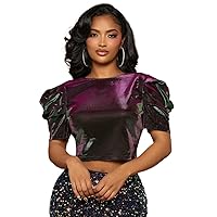 Womens Summer Tops Sexy Casual T Shirts for Women Tie Backless Puff Sleeve Crop Metallic Blouse