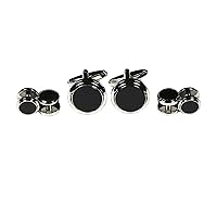 Tuxedo Shirt Stud and Cufflink Set Silver Plate with Real Onyx (1 Pair Cufflinks and 5 Shirt Studs)