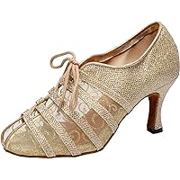 Women's Lace Up Shoes Latin Tango Ballroom Exercise Salsa Cha-cha Custom Heel Soft Mesh Glitter Party Pumps