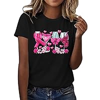 Womens Spring Tops Plus Size 5XL Women's Breast Cancer Awareness Ribbon Cup Print Short Sleeve T Shirt Womens