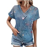 Womens Tops Summer Casual Short Sleeve Shirts Floral Printed Button Pleated V Neck Blouses 2024 Dressy T Shirt