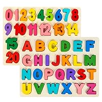 Wooden Puzzles for Toddlers, Alphabet Puzzle and Number Puzzle, 2 in 1 Preschool Educational Learning Toys with Chunky Wood ABC Puzzle Board, for Girls Boys Kindergarten Set of 2