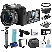 4K 48MP Digital Camera Kit for Photography, Vlogging Camera YouTube with Flip Screen, WiFi, Wide Angle & Macro Lens, 64GB Micro SD Card, 50