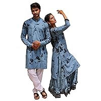 Indian Couple Combo Cotton Printed Men's Kurta & Woman Sharara Kurti Set 2157 (1, M)
