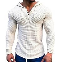 Men's Solid Color Waffle Hooded T-Shirt Long Sleeve Button-Down Henley Shirt Spring Autumn Style All-Match Tee Tops