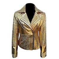 LP-FACON Womens Studded Rock Punk Spikes Motorcycle Metallic Brando Biker Leather Jacket