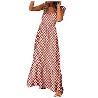 XJYIOEWT Summer Dress,Dress for Women Summer Boho Spaghetti Strap Square Neck Ruffle Beach Sun Dress Knee Length Summer