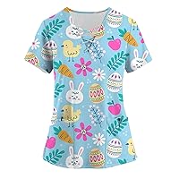 Ladies Short Sleeve Tee Women's Tshirt Easter Print Tops Fashion Drawstring Summer Dressy Blouse V-Neck Casual Shirt
