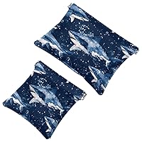 Women’s Pocket Cosmetic Bags, Waterproof Leather Makeup Bag No Zipper Self-Closing Makeup Pouch for Girls, Mini Bag for Purse - Sharks Navy Blue Pattern