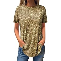 Womens Summer Tops 2024 Trendy Fashion Casual Round Neck Sequin Printed Short Sleeve Pullover T-Shirt Top