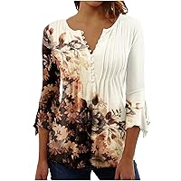 Womens Summer Tops Elbow Sleeve T Shirts V Neck Button Tee Shirt Flowy Blouses Tunics to Wear with Leggings