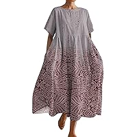 Flower Dresses for Women 2024, Womens Print Short Sleeved Loose Hem Pocket Womans Spring Trendy Dress, S, 3XL