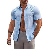 JMIERR Men's Shirts Button Up Bubble Waffle Loose Fit Summer Wedding Textured Shirt, US 46(XL), A Beau Blue