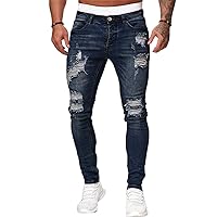 Andongnywell Men's Moto Biker Jeans Distressed Ripped Hole Skinny Slim Fit Denim Pants with Pockets