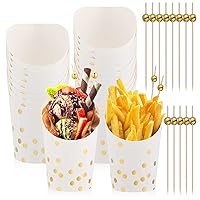 14 oz Charcuterie Cups Disposable French Fries Holder Paper French Fry Cups Gold Polka Dots Popcorn Boxes and 4.7 Inch Cocktail Picks Gold Pearl Bamboo Skewers for Party (White, 200 Pcs)
