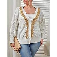 Plus Size Cardigan for Women Plus Contrast Guipure Sequin Drop Shoulder Cable Knit Cardigan Cardigan for Women (Color : White, Size : X-Large)