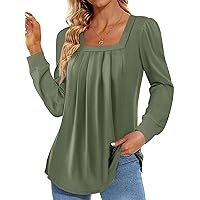 Danedvi Womens Square Neck Long Sleeve Tunic Tops Casual Pleated Puff Sleeve T Shirts Fall Loose Blouse Tee