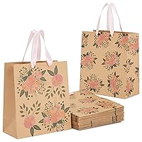 Juvale 24 Pack Reusable Kraft Paper Floral Gift Bags with Pink Ribbon Handles for Party Favors, Mothers Day, Weddings, Birthday Celebration, Baby Shower, 2 Designs (9 x 8 In)