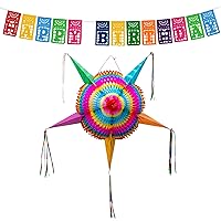 Mexican Piñata (Large 32 inches) + Happy Birthday Banner - Authentic Handmade Foldable Large Pinata - Mexican Happy Birthday Banner - Fiesta Birthday Party Decorations