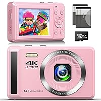 Digital Camera 4K UHD Vlogging Camera, 44MP Autofocus Compact Camera with 16X Digital Zoom, Rechargeable Point and Shoot Digital Camera with 32GB SD Card, 2 Batteries for Teens Kids Boys Girls(Pink)