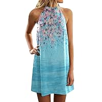 Women's Summer Halter Neck Floral Mini Dress Sleeveless Loose Tshirt Sundress Casual Boho Beach Short Tank Shift Dress